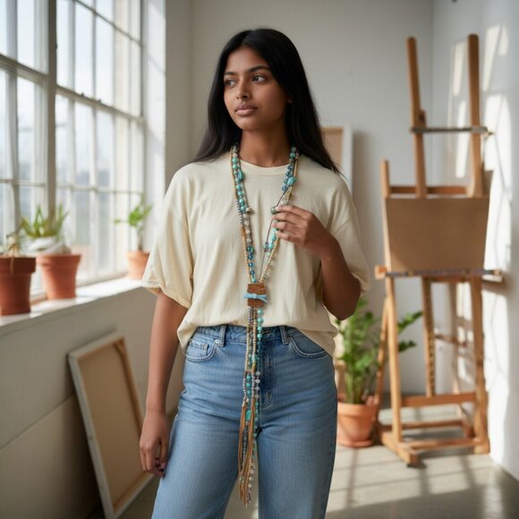 Mexican Turquoise Crystal Leather Long Necklace